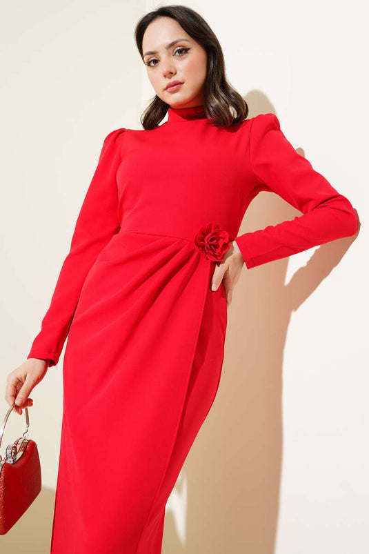 Red Pleated Waist Dress with Rose Accessory