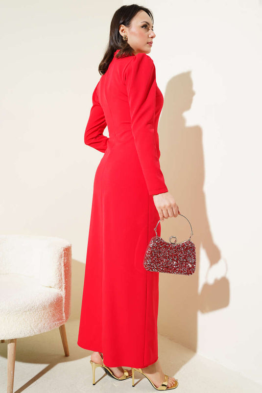 Red Pleated Waist Dress with Rose Accessory