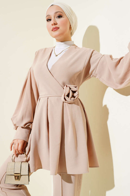 Pleated Tunic Two Piece Set Beige with Rose Accessory