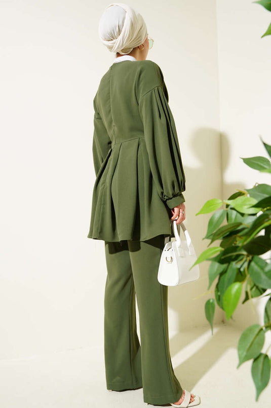 Pleated Tunic Double Set Khaki with Rose Accessory