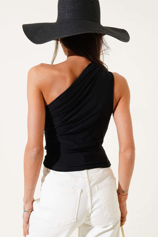 One Shoulder Sandy Blouse Black with Rose Accessory