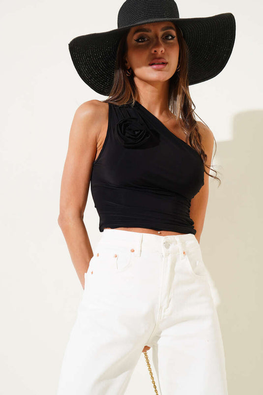 One Shoulder Sandy Blouse Black with Rose Accessory