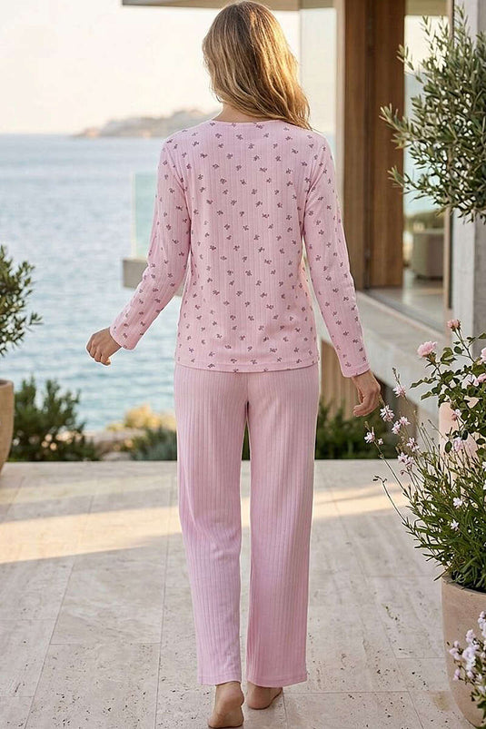 Pyjama À Boutons Rayé Rose Avec Motif Floral