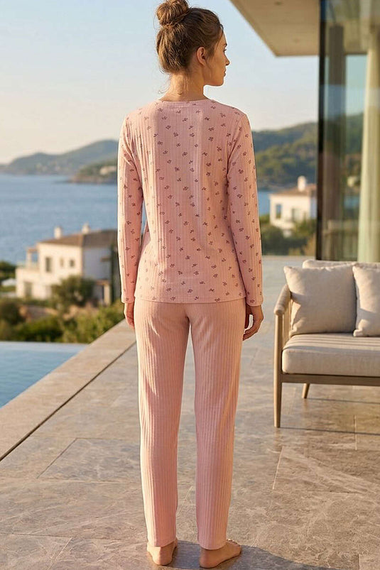 Pyjama À Boutons Rayé Avec Motif Floral Rose