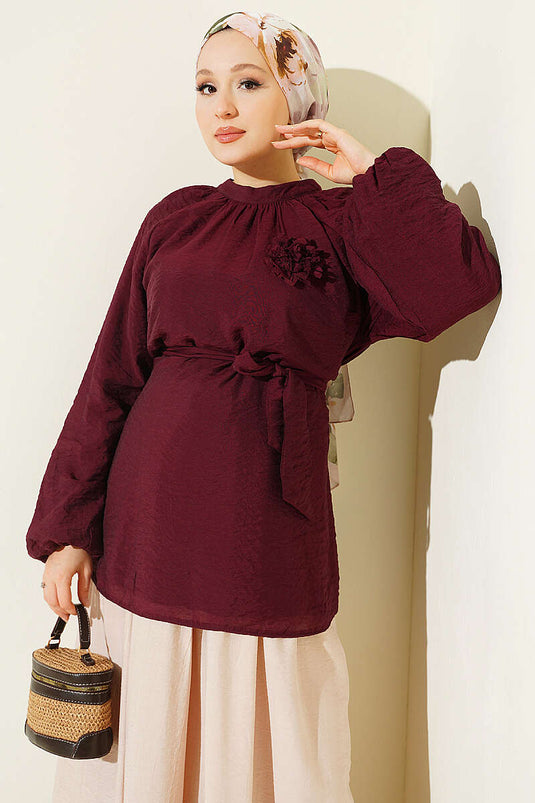 Gül Broşlu Belden Bağcıklı Tunik Bordo