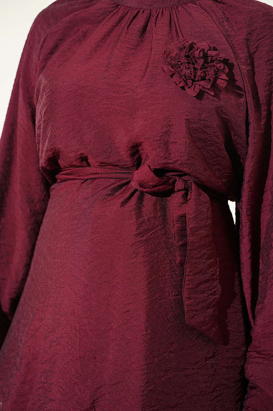 Gül Broşlu Belden Bağcıklı Tunik Bordo