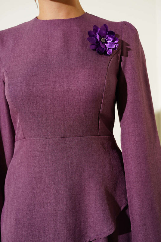 Gül Broşlu Etekli İkili Takım Gül Kurusu