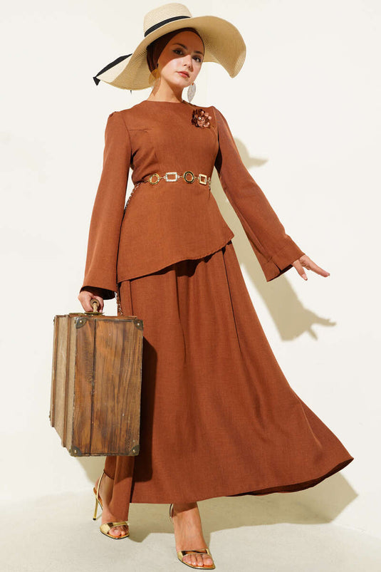 Rose Brooch Skirted Two Piece Suit Brown