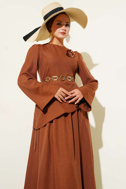 Rose Brooch Skirted Two Piece Suit Brown