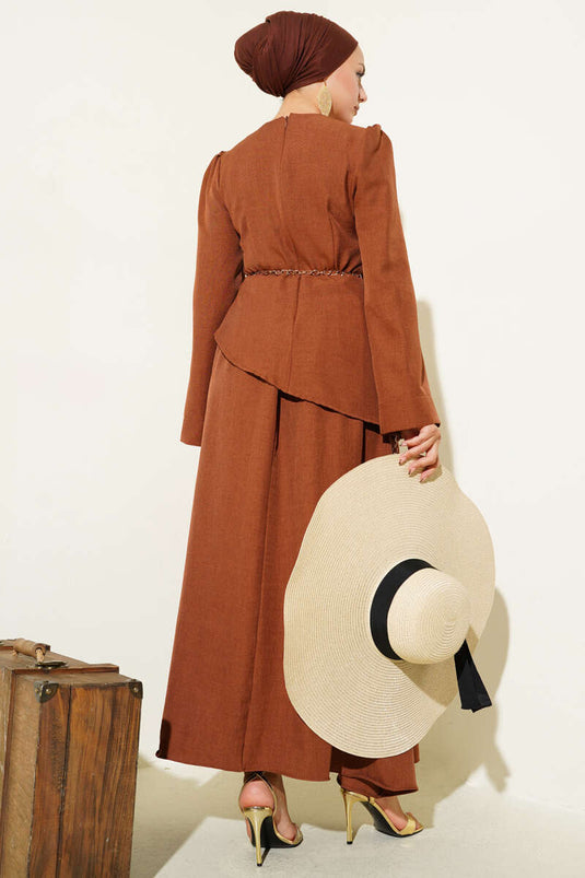 Rose Brooch Skirted Two Piece Suit Brown