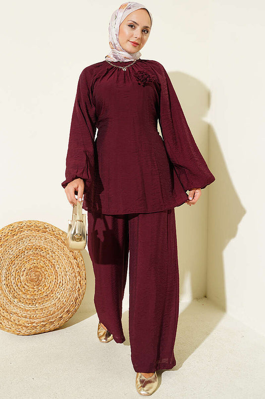 Pink Brooch Loose Two-Piece Set Burgundy