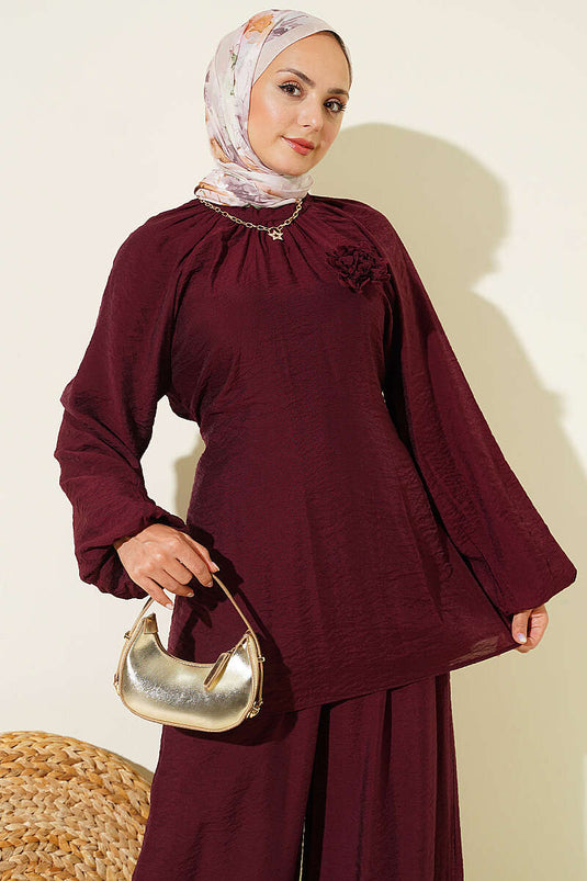 Pink Brooch Loose Two-Piece Set Burgundy