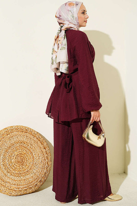 Pink Brooch Loose Two-Piece Set Burgundy