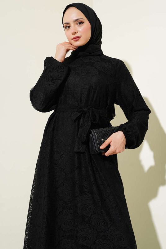 Rose Lace Belted Dress Black