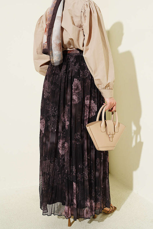 Rose Pattern Belted Tulle Skirt Dark Brown