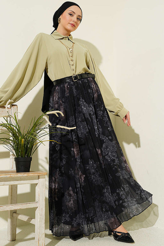 Black Tulle Skirt with Rose Pattern and Belt