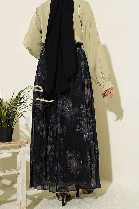 Black Tulle Skirt with Rose Pattern and Belt