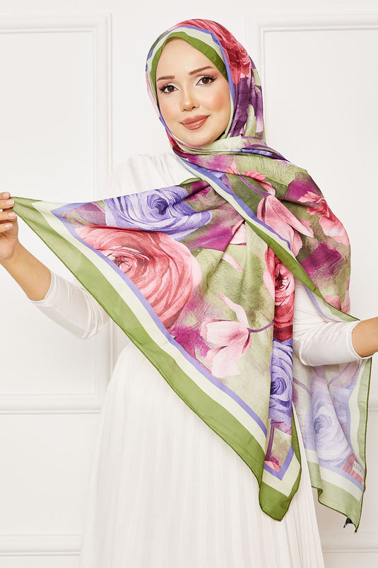 Rose Pattern Hijab Shawl Green