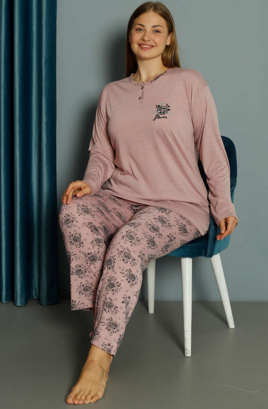 Ensemble pyjama grande taille en viscose à motif rose, couleur poudre