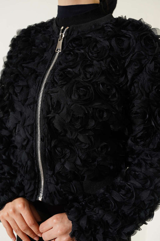 Bomber à Motifs Roses Noir