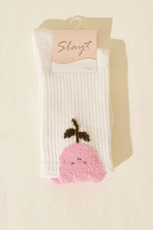 Gül Desenli Sakallı Soket Kadın Çorap Ekru