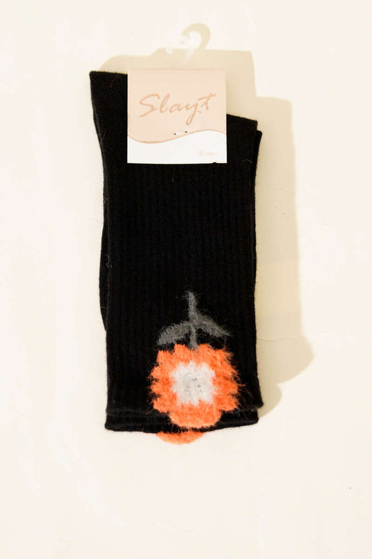 Gül Desenli Sakallı Soket Kadın Çorap Siyah