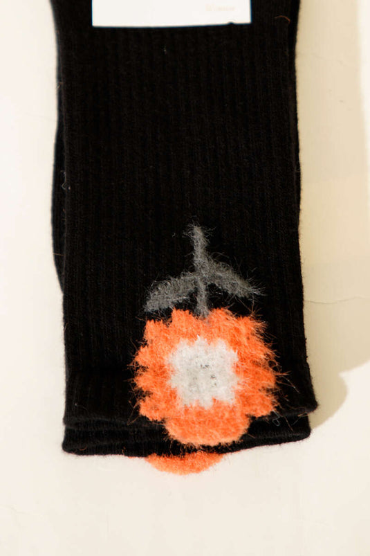 Gül Desenli Sakallı Soket Kadın Çorap Siyah