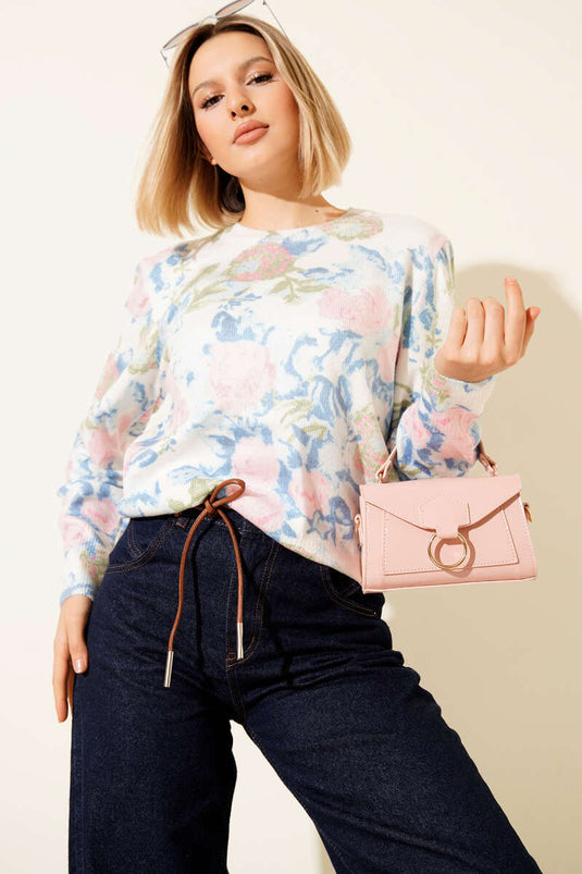 Gül Desenli Triko Kazak Mavi