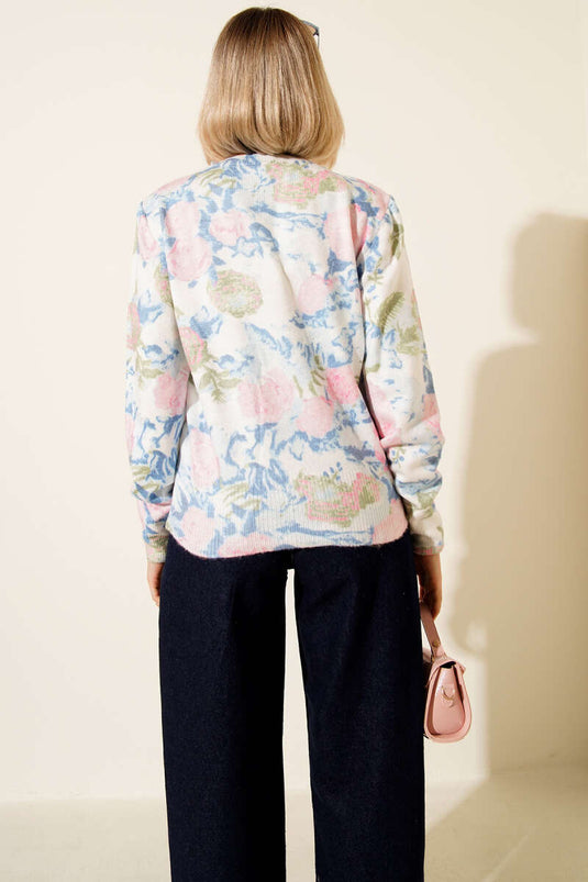 Gül Desenli Triko Kazak Mavi