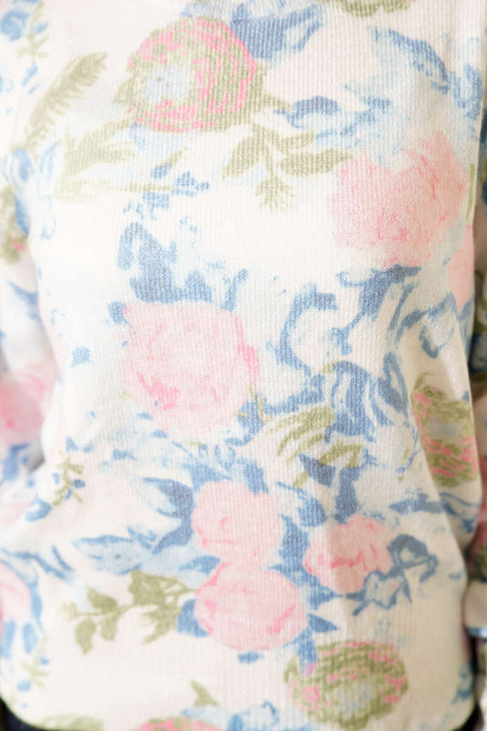 Gül Desenli Triko Kazak Mavi