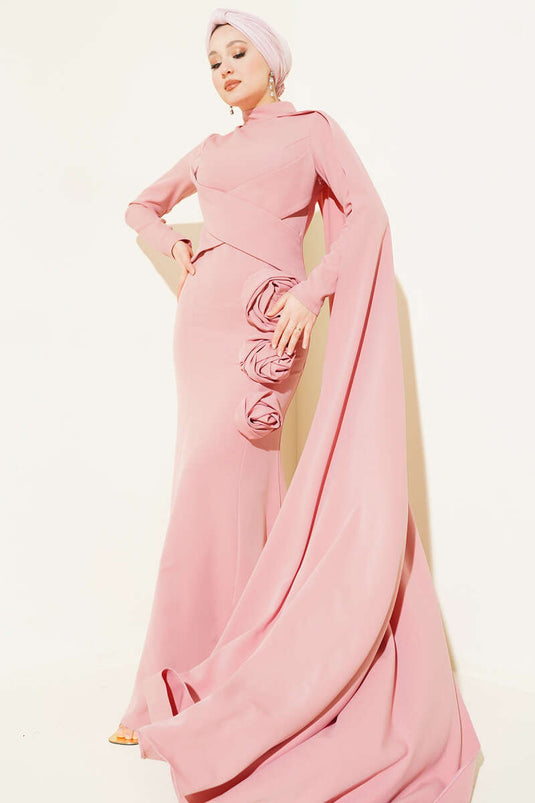 Gül Detaylı Pelerinli Abiye Elbise Pudra