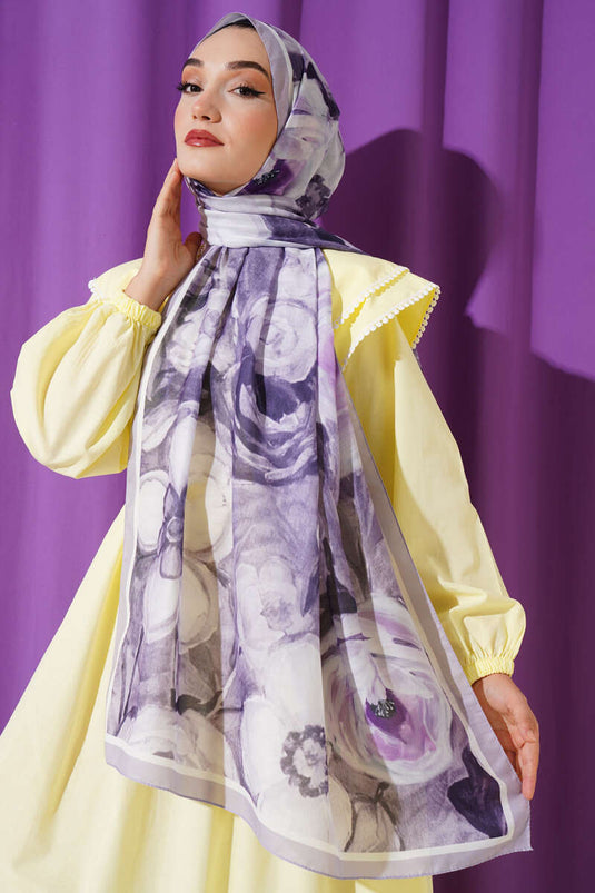 Gül Şerit Geçişli Şal Açık Lila