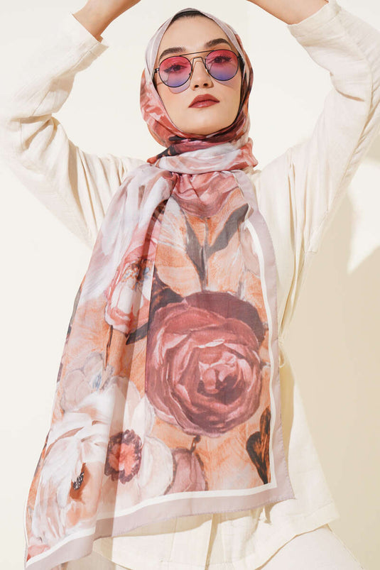 Gül Şerit Geçişli Şal Açık Vizon