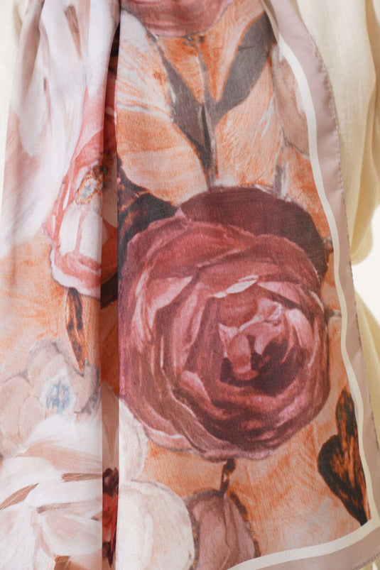 Gül Şerit Geçişli Şal Açık Vizon