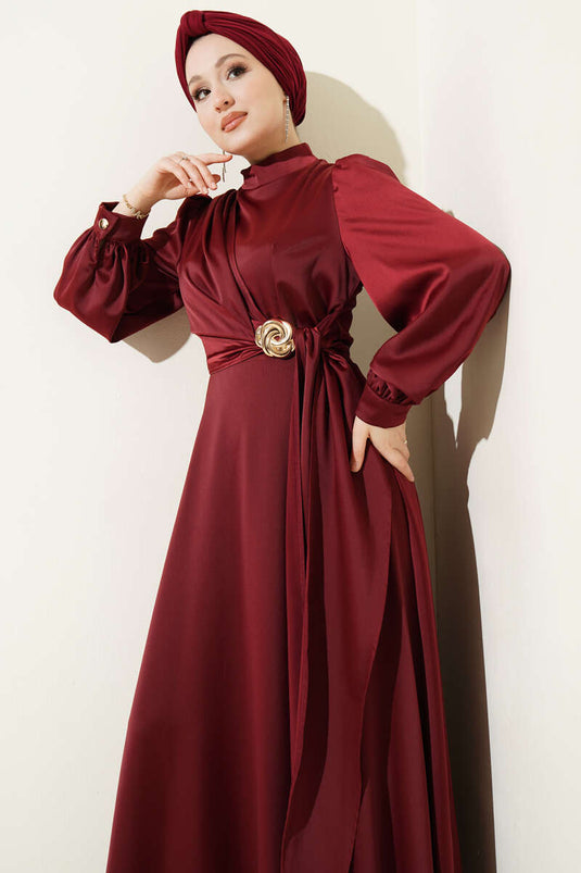 Gül Tokalı Satin Abendkleid Bordeaux