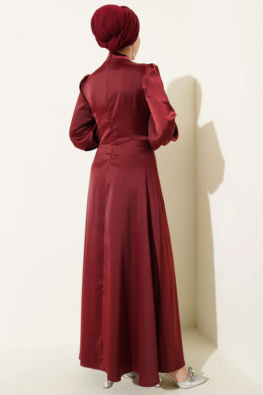 Gül Tokalı Satin Abendkleid Bordeaux