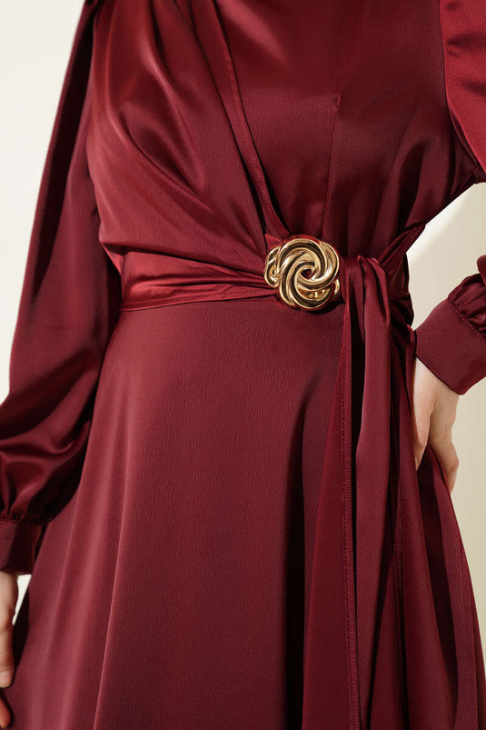 Gül Tokalı Satin Abendkleid Bordeaux