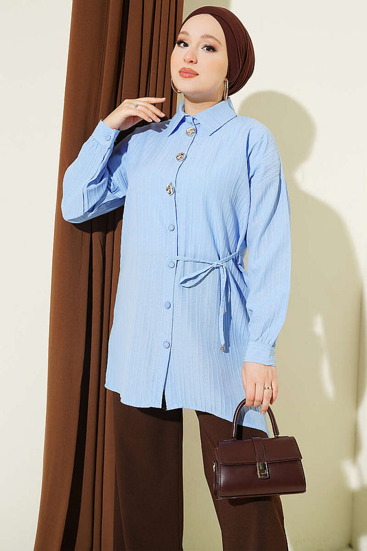 Silver Buttoned Tie-Detail Blue Shirt