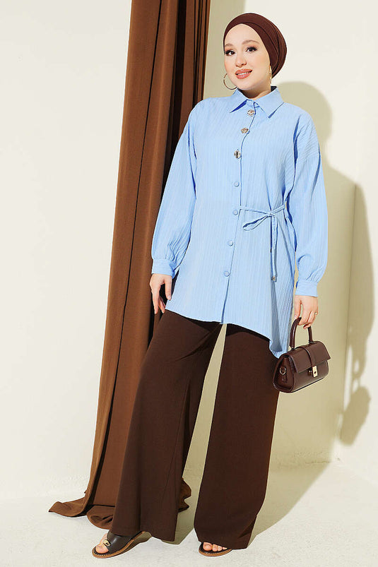 Silver Buttoned Tie-Detail Blue Shirt
