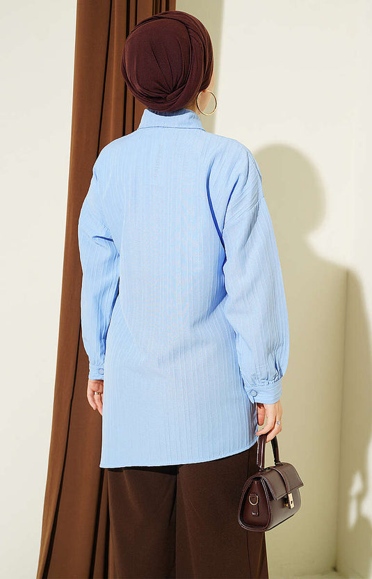 Silver Buttoned Tie-Detail Blue Shirt
