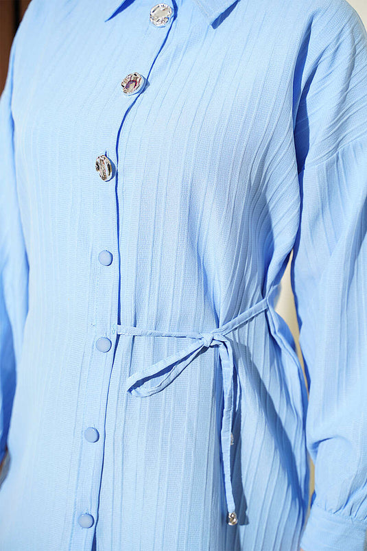 Silver Buttoned Tie-Detail Blue Shirt
