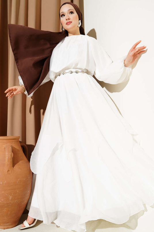 Silver Belted Skirt Two-Piece Set in Ecru