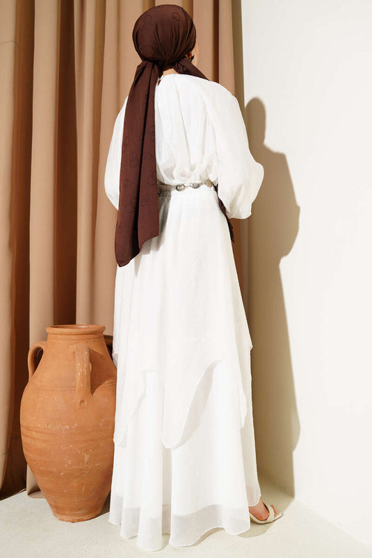 Silver Belted Skirt Two-Piece Set in Ecru