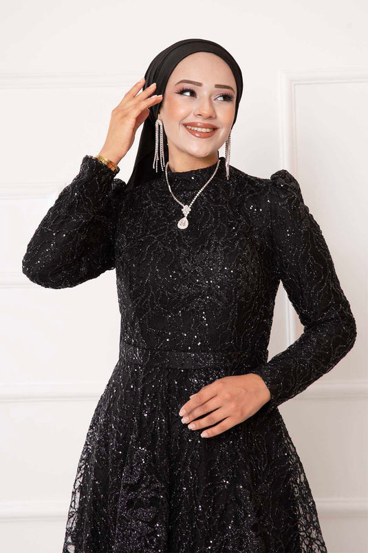 Abito da sera Hijab con dettagli in paillettes argento Nero