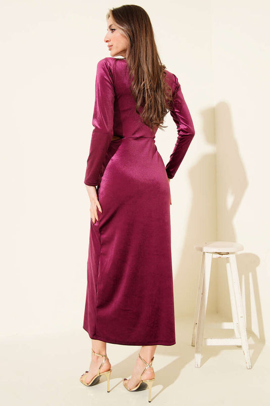 فستان مخملي بفتحة جانبية مع إكسسوار شمسي بلون التوتي