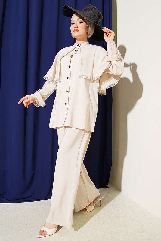 Beige Two-Piece Set with Cape and Buckle Detail