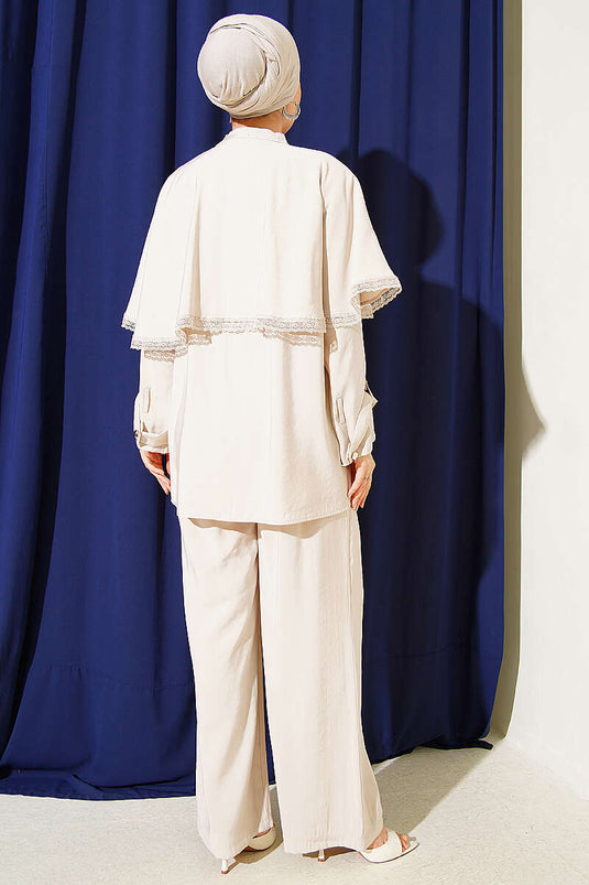 Beige Two-Piece Set with Cape and Buckle Detail