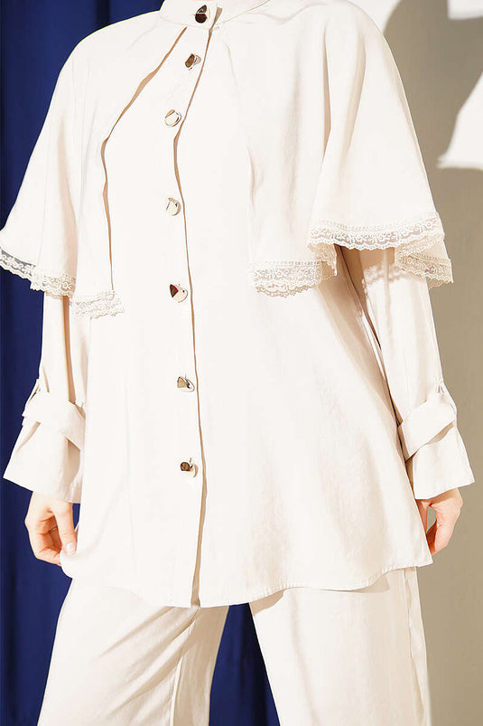 Beige Two-Piece Set with Cape and Buckle Detail