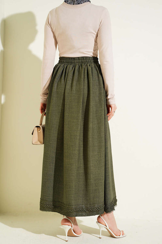 Rock mit elastischem Bund und Guipure-Details, Khaki