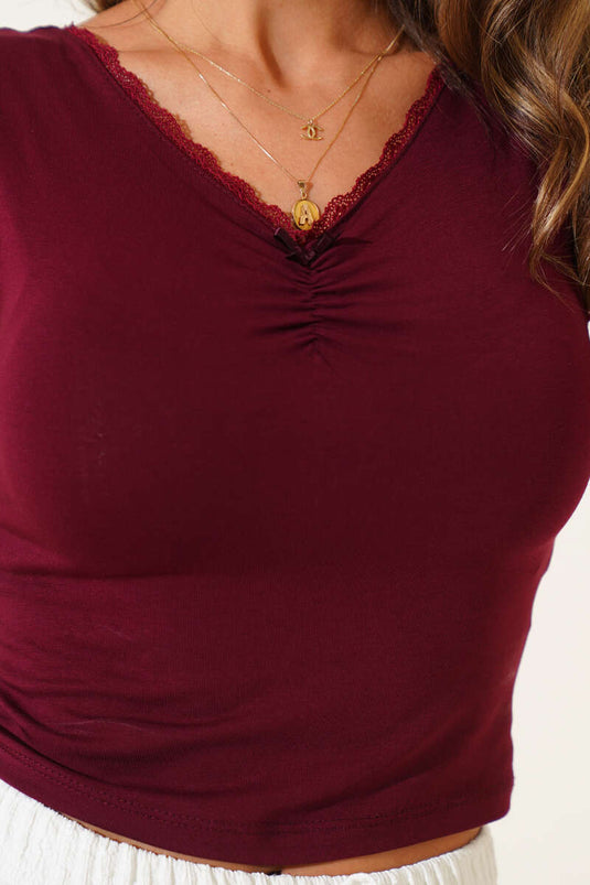 Lace-Detailed Gathered Crop Top in Burgundy